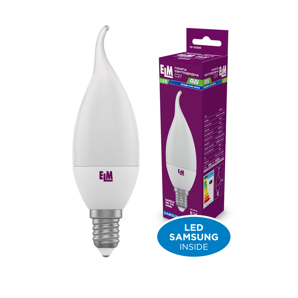 Лампа світлодіодна свічка на вітрі ELM С37 4W PA10 E14 4000K